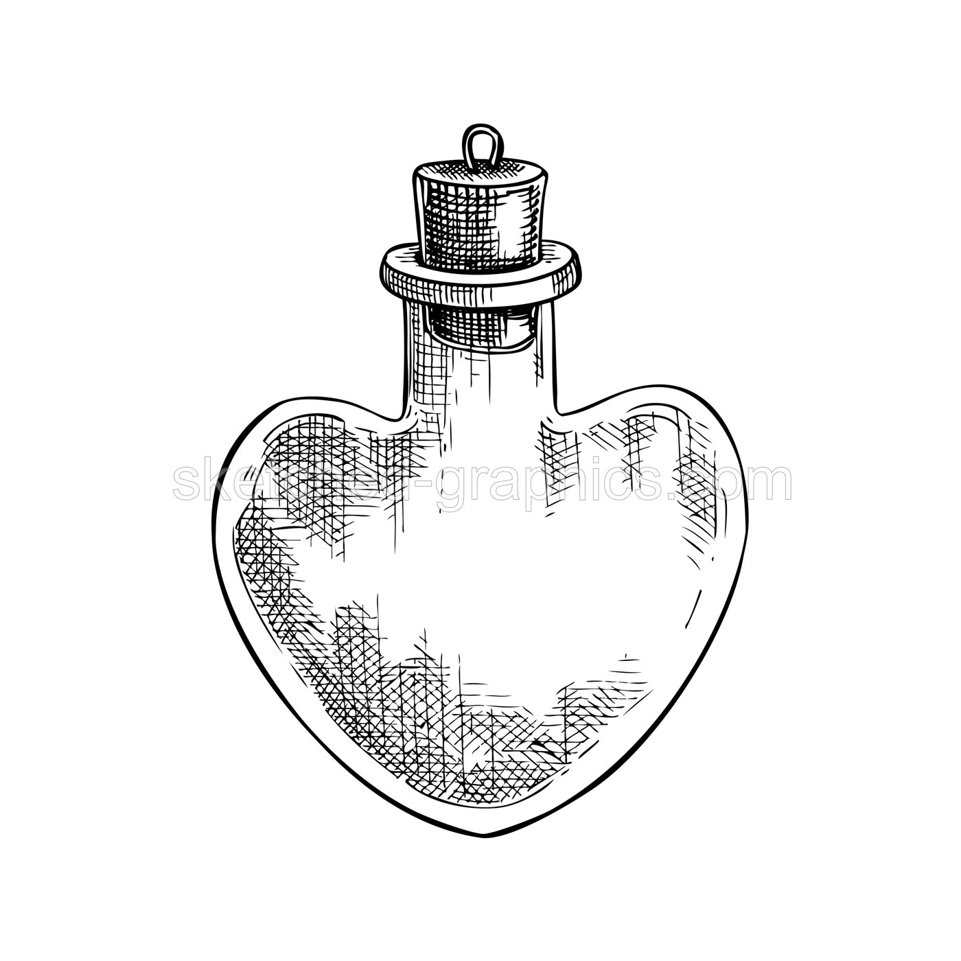 Poison bottle with cork stopper sketch. Witchcraft vector illustration. Vintage Halloween design element. Hand-drawn alchemical icon, esoteric symbols. NOT AI generated Illustration